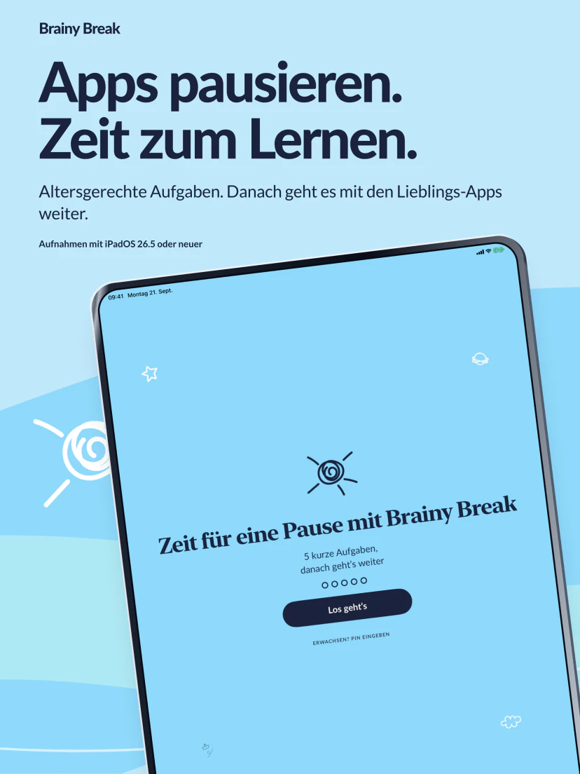 Apps pausieren. Zeit zum Lernen. Altersgerechte Aufgaben, dann geht es mit den Lieblings-Apps weiter. Der echte Startbildschirm einer Brainy Break-Pause, aufgenommen mit iOS oder iPadOS 26.5 oder neuer.