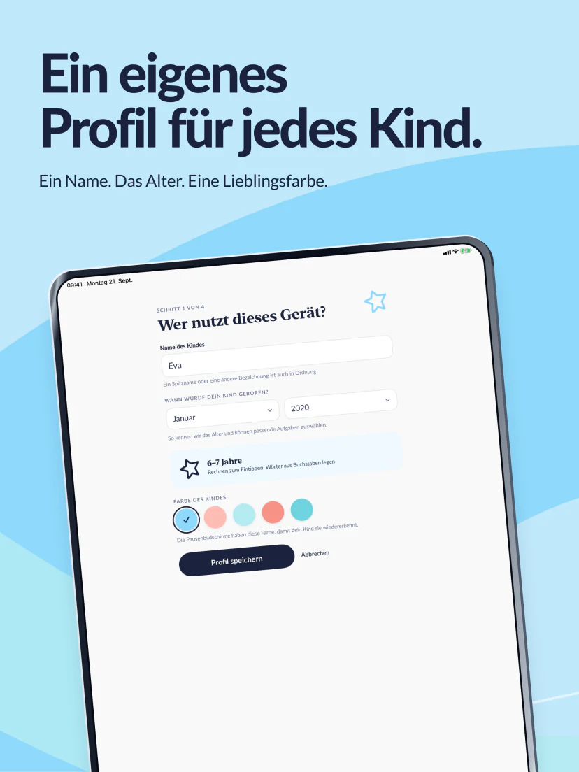 Ein eigenes Profil für jedes Kind. Evas Name, Geburtsmonat, Geburtsjahr und Profilfarbe.