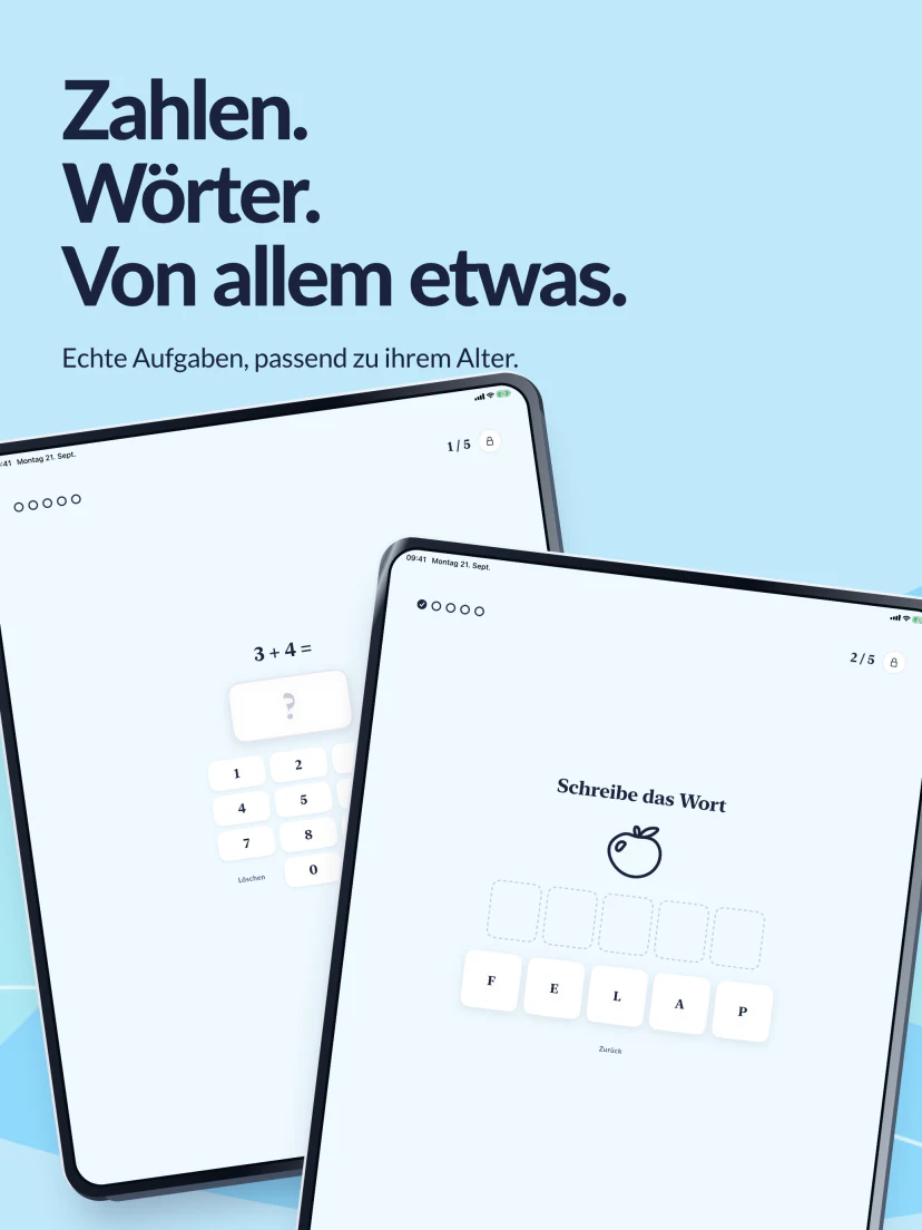 Zahlen, Wörter und von allem etwas. Echte Rechenaufgaben und Buchstaben zum Bilden eines deutschen Wortes.