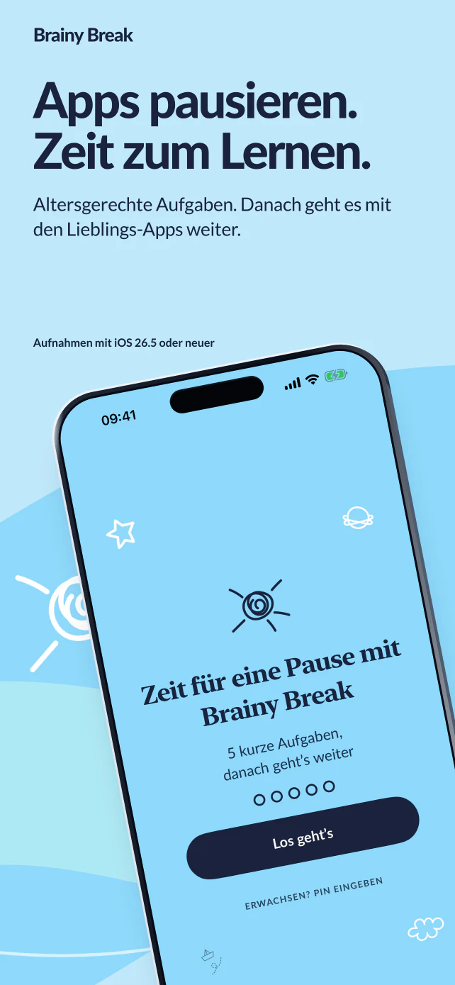 Apps pausieren. Zeit zum Lernen. Altersgerechte Aufgaben, dann geht es mit den Lieblings-Apps weiter. Der echte Startbildschirm einer Brainy Break-Pause, aufgenommen mit iOS oder iPadOS 26.5 oder neuer.
