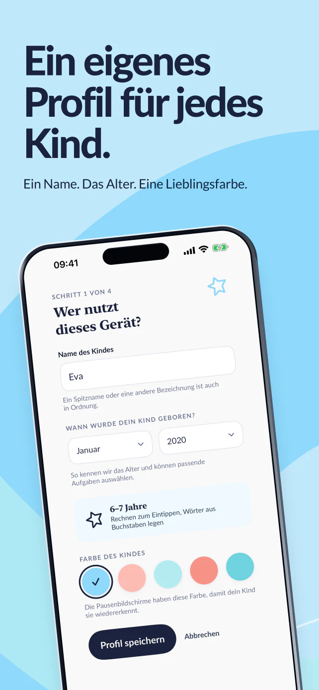 Ein eigenes Profil für jedes Kind. Evas Name, Geburtsmonat, Geburtsjahr und Profilfarbe.