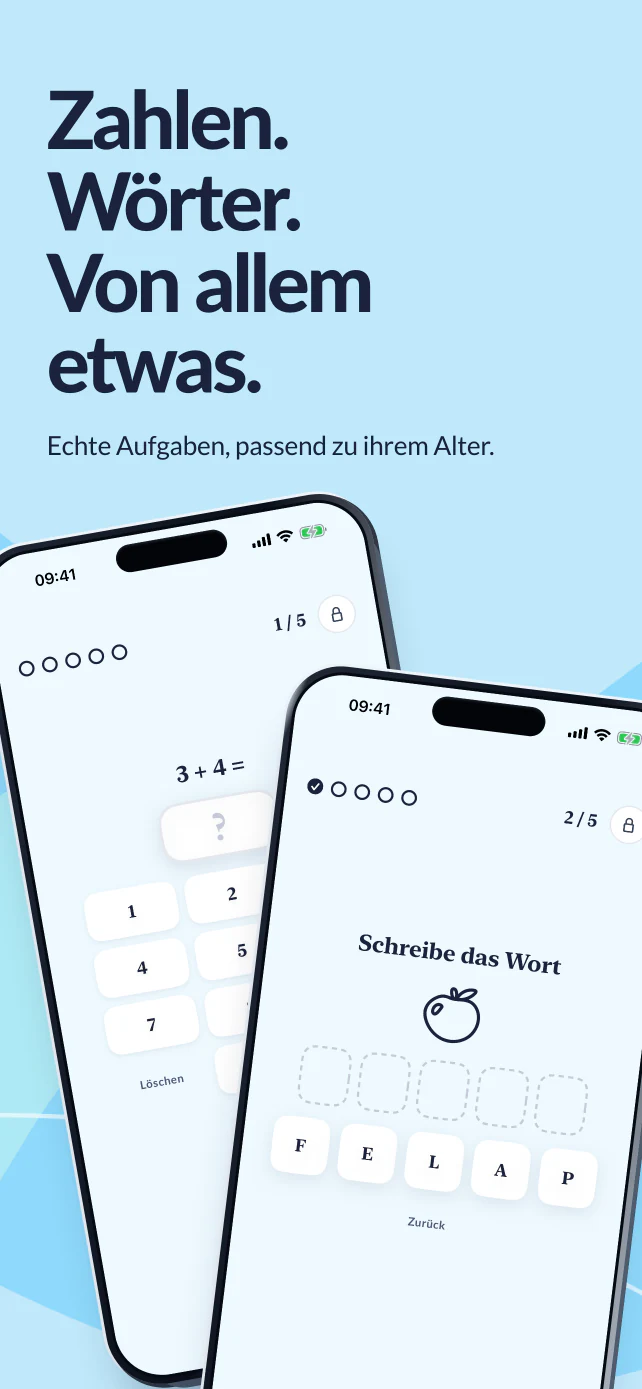 Zahlen, Wörter und von allem etwas. Echte Rechenaufgaben und Buchstaben zum Bilden eines deutschen Wortes.