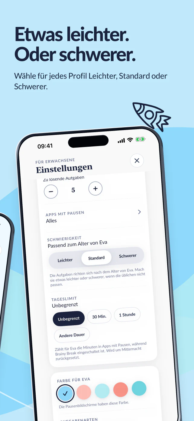 Etwas leichter oder schwerer. In den Einstellungen wählen Eltern für jedes Profil Leichter, Standard oder Schwerer.