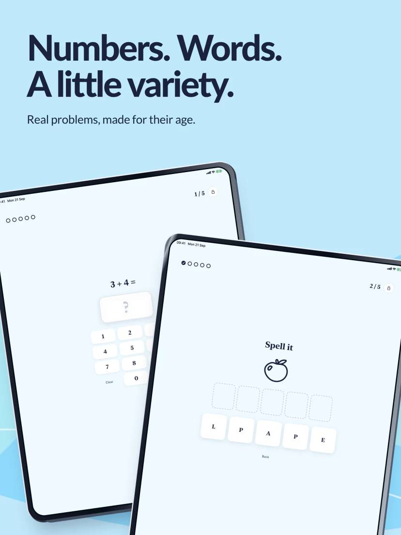 Numbers. Words. A little variety. Real activities show 3 + 4 and spelling APPLE using letter tiles.