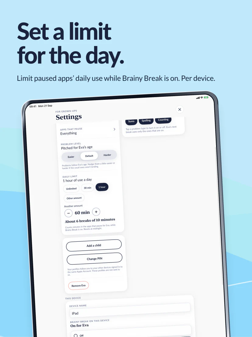 Set a limit for the day. One hour selected for paused apps while Brainy Break is on. The limit applies separately to each device.
