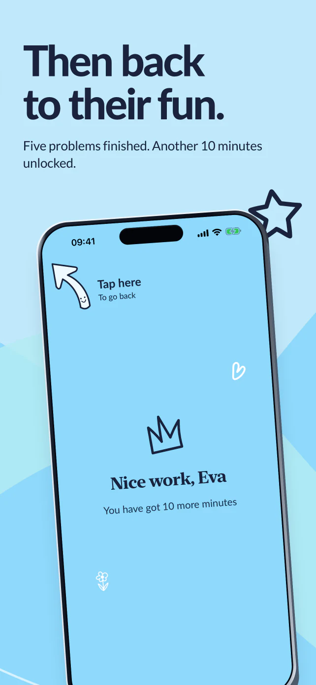 Then back to their fun. Five problems finished. The Nice work screen confirms another ten minutes unlocked.