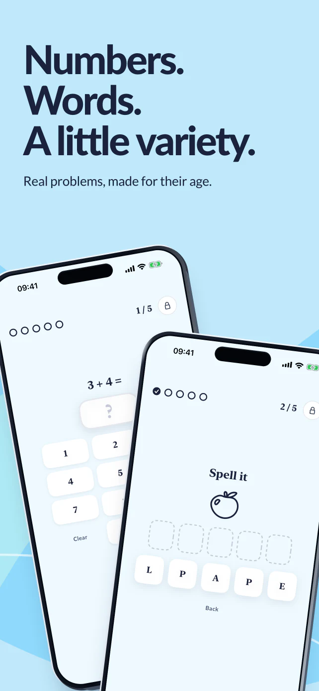 Numbers. Words. A little variety. Real activities show 3 + 4 and spelling APPLE using letter tiles.