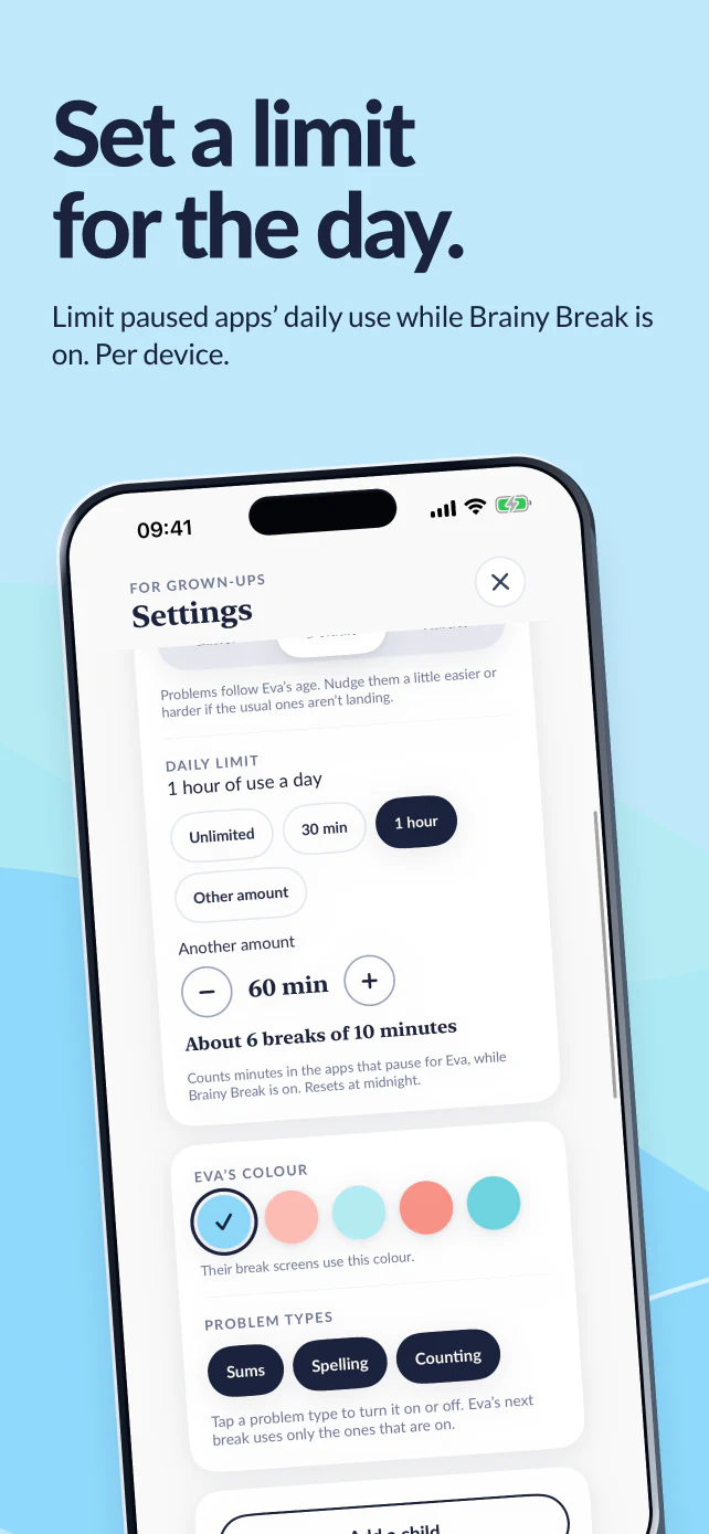 Set a limit for the day. One hour selected for paused apps while Brainy Break is on. The limit applies separately to each device.