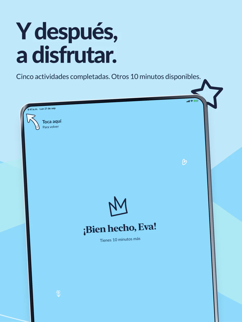 Y después, a disfrutar. Cinco actividades terminadas. La pantalla ¡Bien hecho! confirma otros diez minutos disponibles.