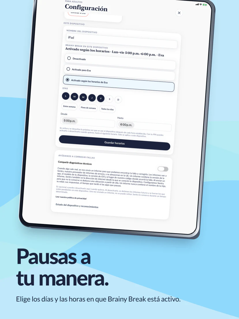 Pausas adaptadas a tu día. Días de lunes a viernes seleccionados, de 5:00 p.m. a 6:00 p.m.
