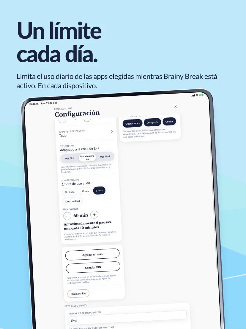 Un límite diario. Una hora para las apps elegidas mientras Brainy Break está activo. El límite se aplica por separado en cada dispositivo.