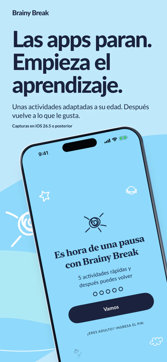 Las apps se ponen en pausa. Empieza el aprendizaje. Unas actividades adaptadas a su edad y después vuelve a lo que le gusta. Pantalla real de inicio de pausa de Brainy Break, capturada en iOS o iPadOS 26.5 o posterior.