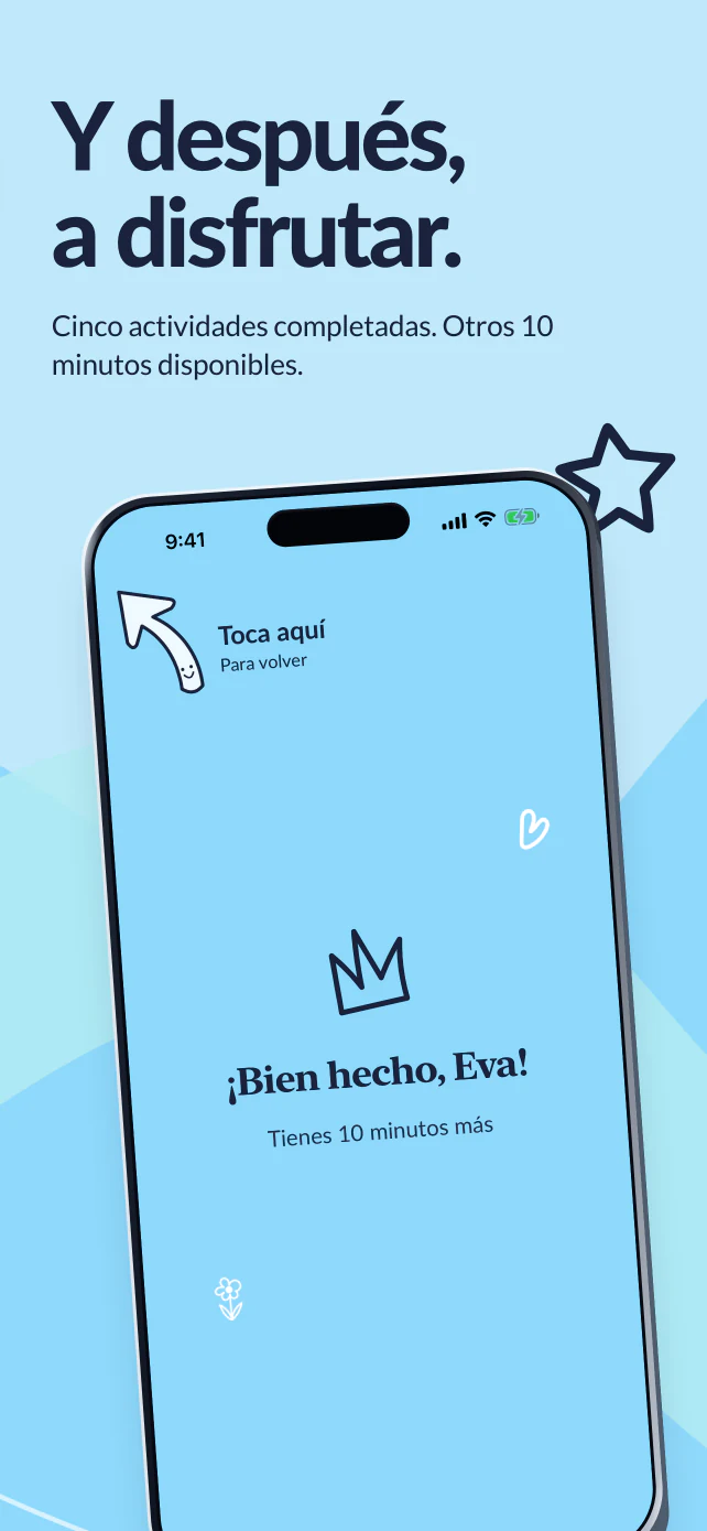 Y después, a disfrutar. Cinco actividades terminadas. La pantalla ¡Bien hecho! confirma otros diez minutos disponibles.