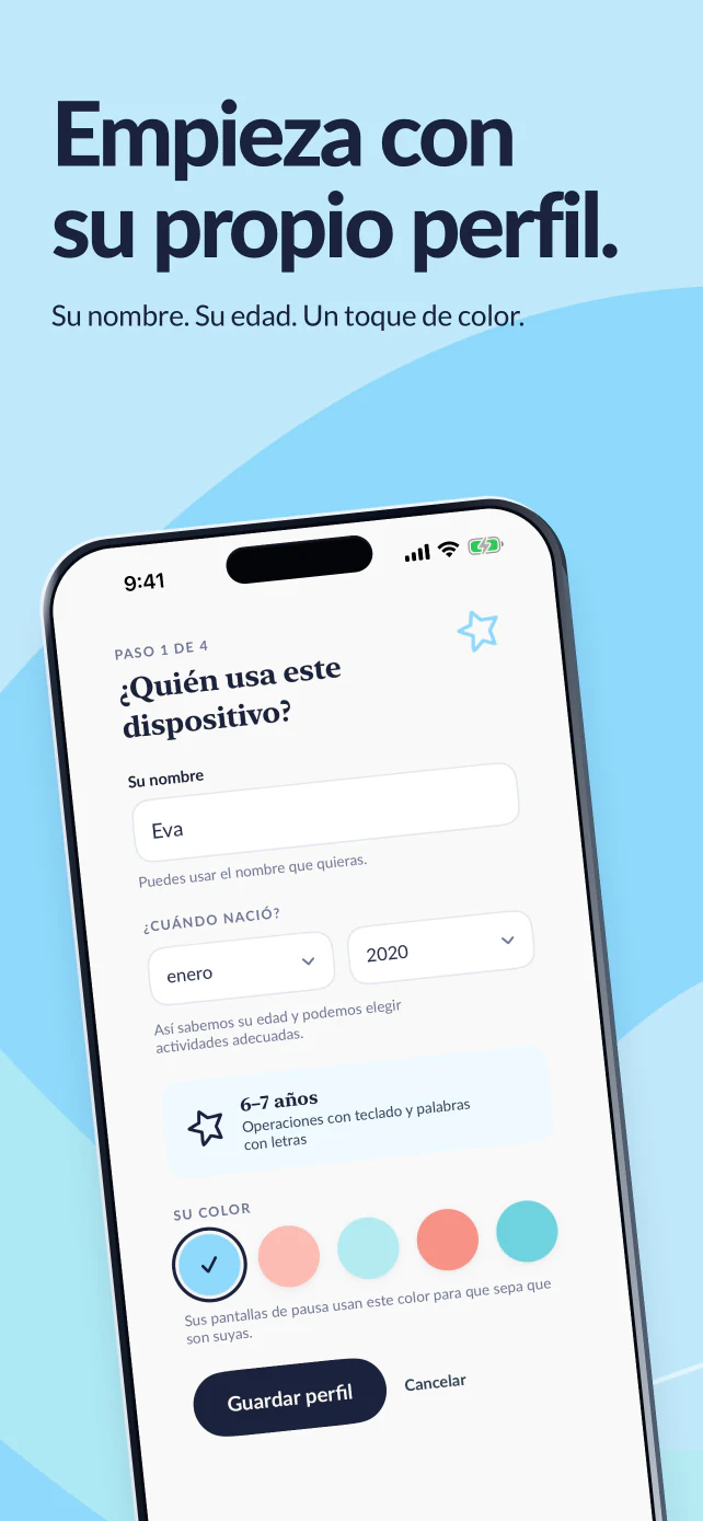 Empieza con su propio perfil. El nombre de Eva, su mes y año de nacimiento y su color.
