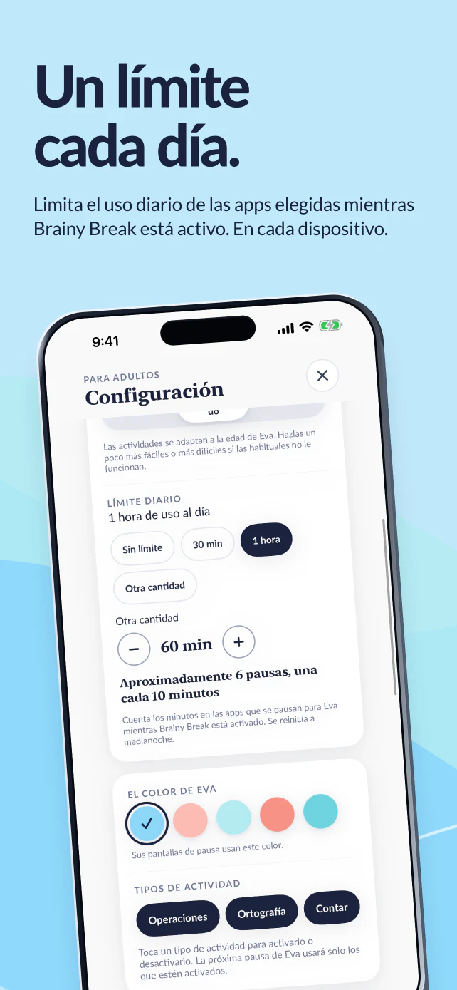 Un límite diario. Una hora para las apps elegidas mientras Brainy Break está activo. El límite se aplica por separado en cada dispositivo.