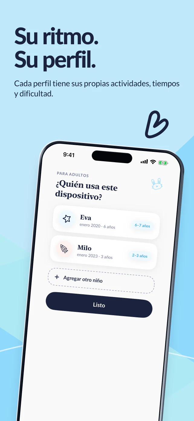 Su ritmo y su perfil. Eva y Milo tienen cada uno sus actividades, tiempos y nivel.