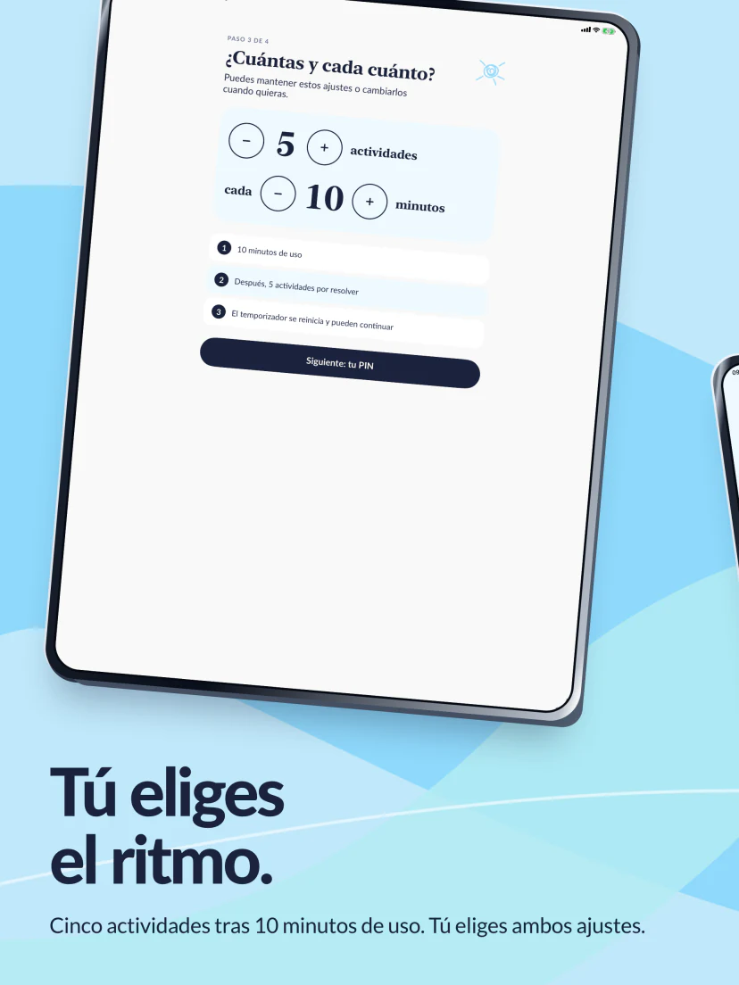 Tú eliges el ritmo. Cinco actividades después de diez minutos de uso de las apps, con ajustes para cambiar ambas cosas.