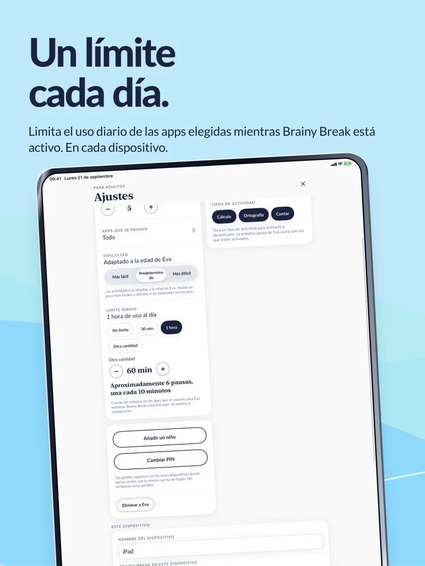 Un límite diario. Una hora para las apps elegidas mientras Brainy Break está activo. El límite se aplica por separado en cada dispositivo.