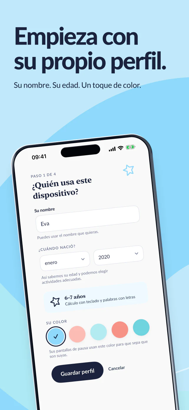 Empieza con su propio perfil. El nombre de Eva, su mes y año de nacimiento y su color.