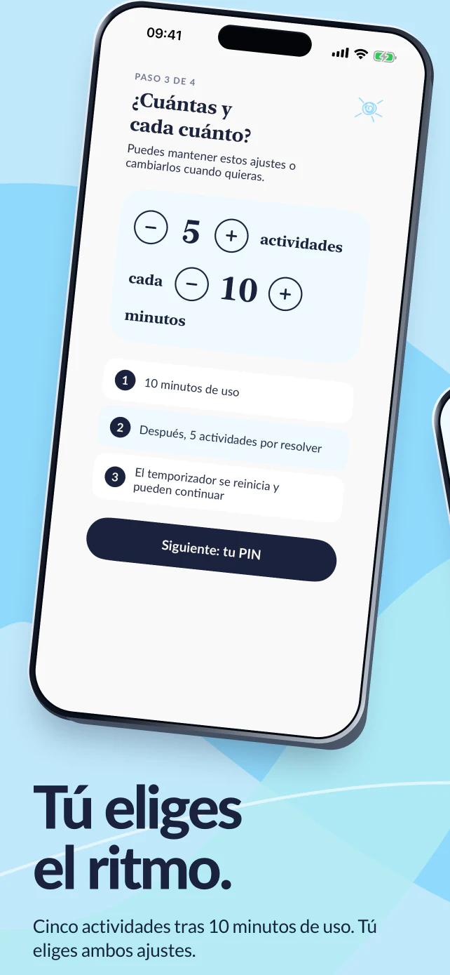 Tú eliges el ritmo. Cinco actividades después de diez minutos de uso de las apps, con ajustes para cambiar ambas cosas.