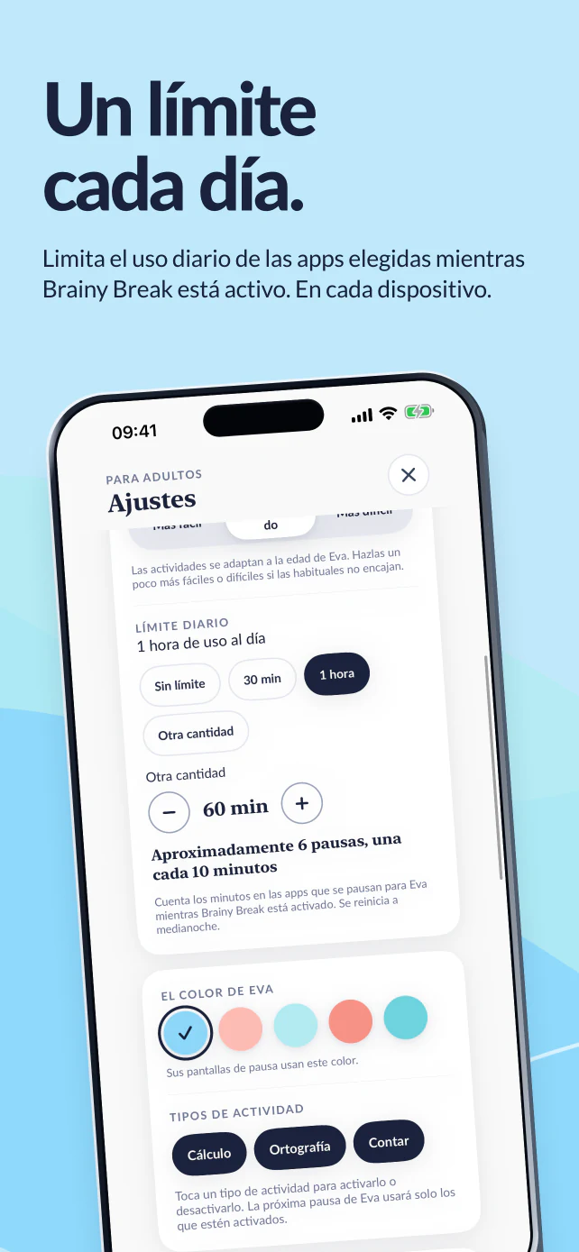 Un límite diario. Una hora para las apps elegidas mientras Brainy Break está activo. El límite se aplica por separado en cada dispositivo.
