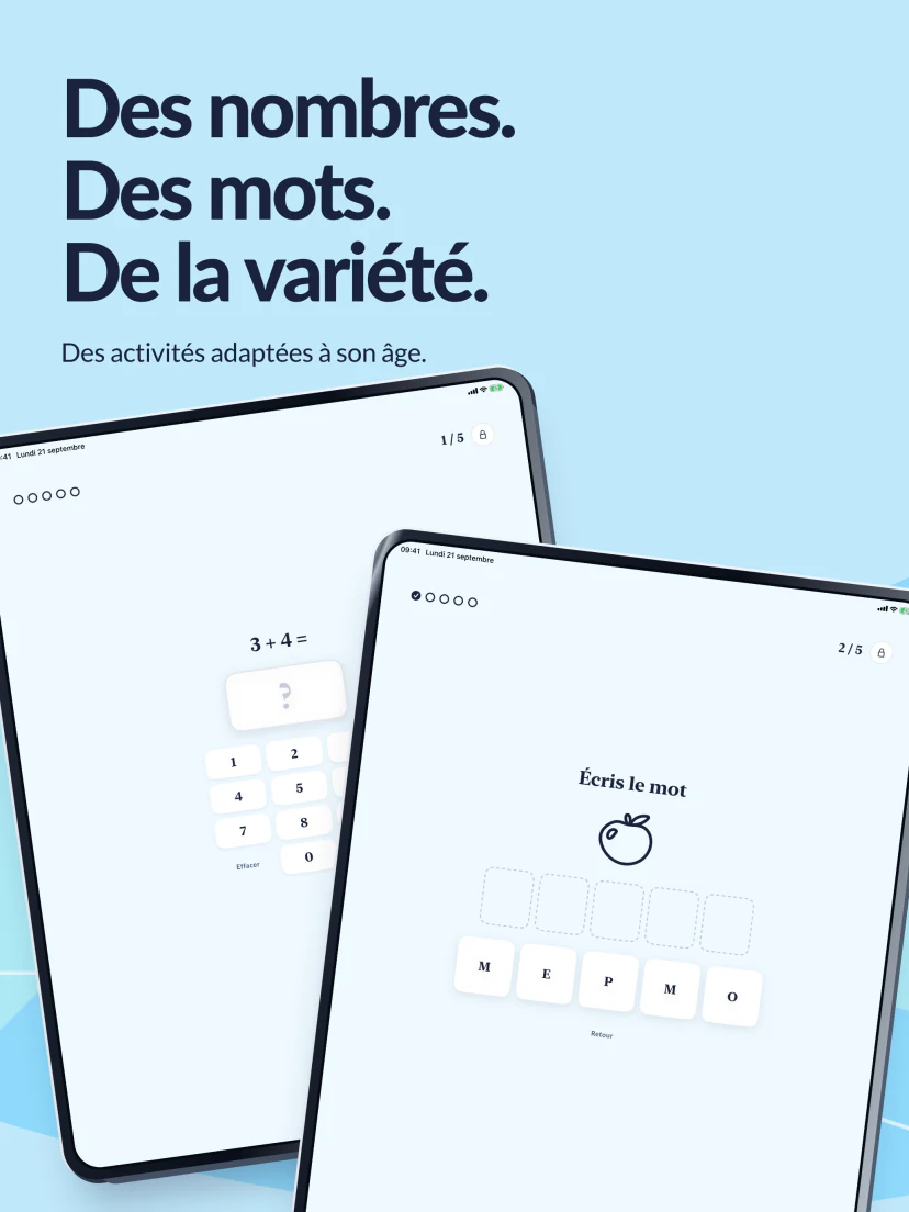 Des nombres, des mots, de la variété. De vraies activités avec 3 + 4 et les lettres à remettre dans l’ordre pour écrire POMME.