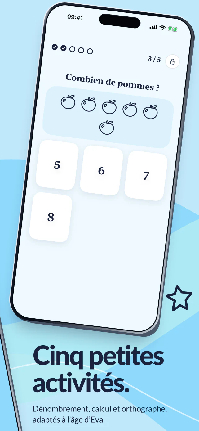 Cinq petites activités. Du calcul, des mots et du comptage adaptés à l’âge d’Eva. Elle compte six pommes dans la troisième activité de sa pause.