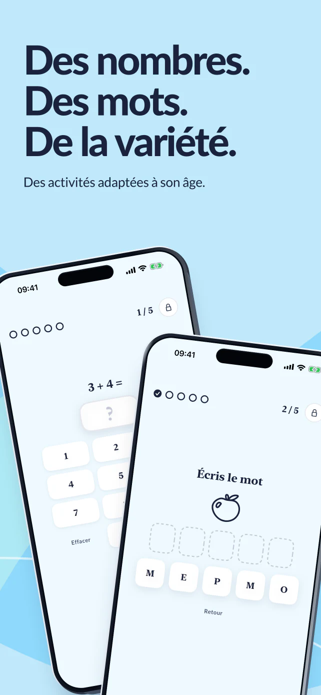 Des nombres, des mots, de la variété. De vraies activités avec 3 + 4 et les lettres à remettre dans l’ordre pour écrire POMME.