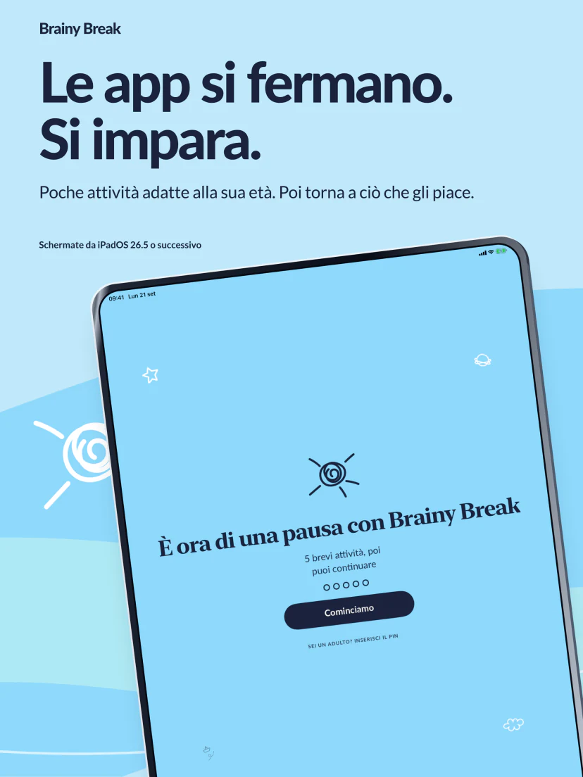 Le app si fermano. Si impara. Poche attività adatte alla sua età, poi torna a ciò che gli piace. La vera schermata iniziale di Brainy Break, su iOS o iPadOS 26.5 o successivi.