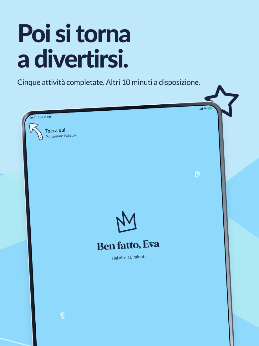 Poi si torna a divertirsi. Cinque attività completate. La schermata Ben fatto conferma altri dieci minuti a disposizione.