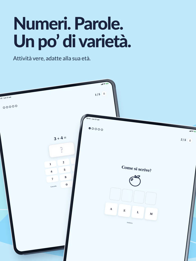 Numeri. Parole. Un po’ di varietà. Attività vere con 3 + 4 e le lettere da riordinare per scrivere MELA.