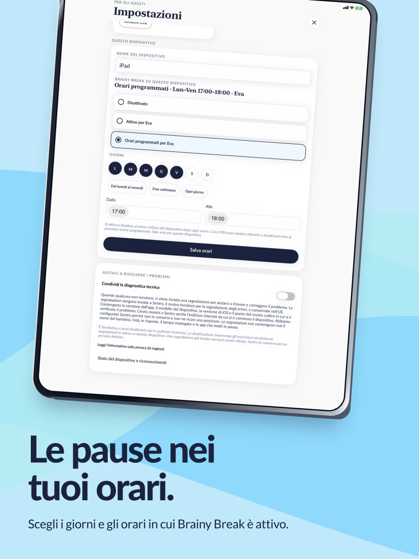 Le pause nei tuoi orari. Sono selezionati i giorni dal lunedì al venerdì, dalle 17:00 alle 18:00.