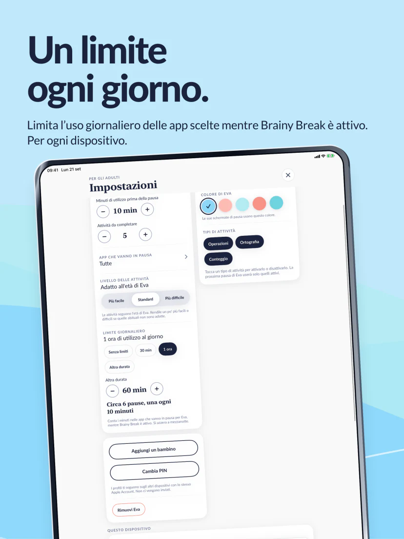 Un limite ogni giorno. È selezionata un’ora per le app scelte mentre Brainy Break è attivo. Il limite vale separatamente per ogni dispositivo.