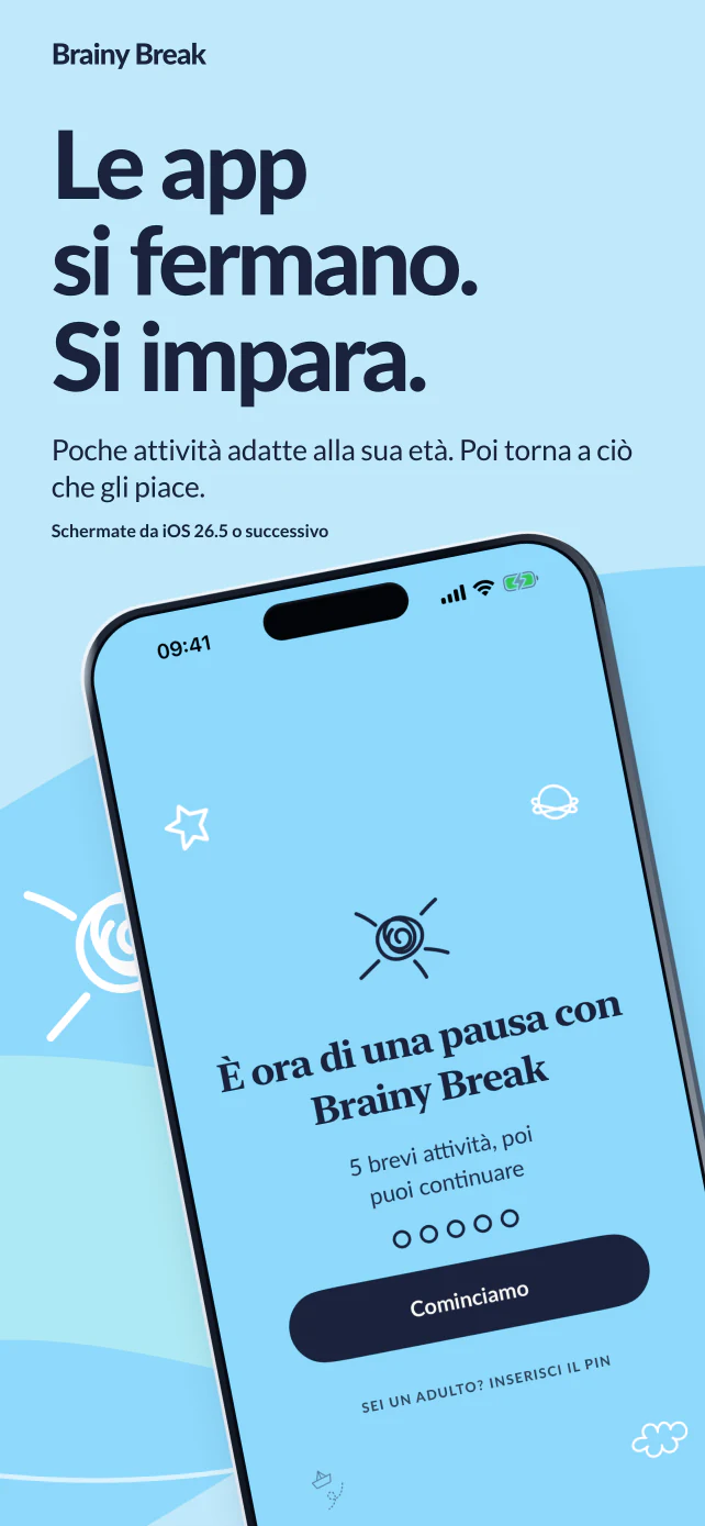 Le app si fermano. Si impara. Poche attività adatte alla sua età, poi torna a ciò che gli piace. La vera schermata iniziale di Brainy Break, su iOS o iPadOS 26.5 o successivi.