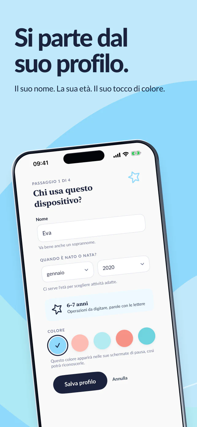 Si parte dal suo profilo. Aggiungi il nome di Eva, il mese e l’anno di nascita e il suo colore.