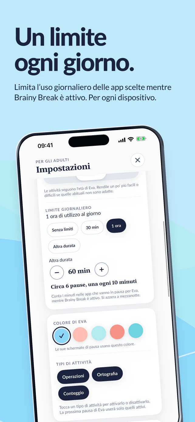 Un limite ogni giorno. È selezionata un’ora per le app scelte mentre Brainy Break è attivo. Il limite vale separatamente per ogni dispositivo.