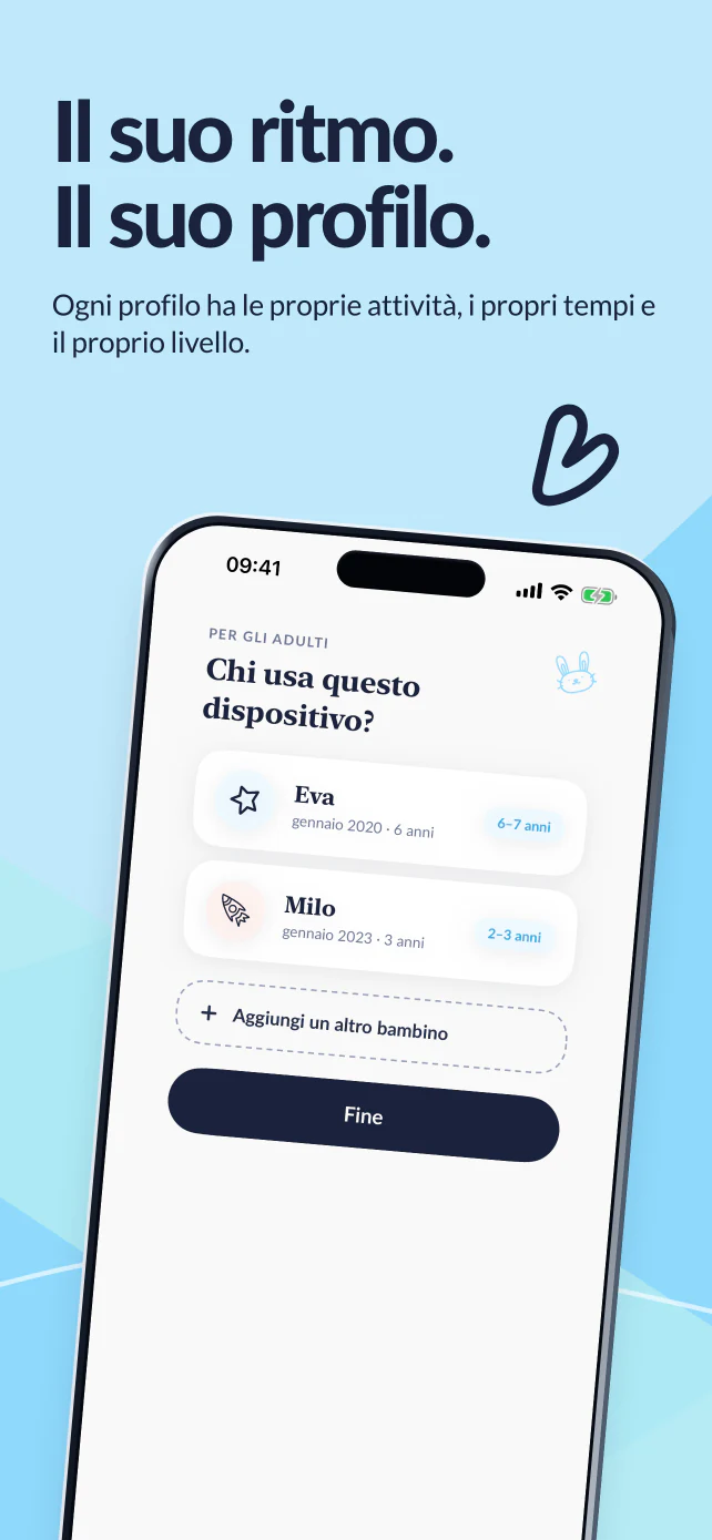 Il suo ritmo. Il suo profilo. Eva e Milo hanno ciascuno le proprie attività, i propri tempi e il proprio livello.