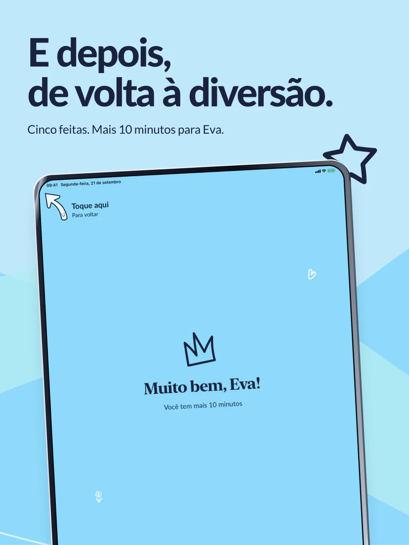 E depois, de volta à diversão. Cinco atividades concluídas. A tela “Muito bem!” confirma mais dez minutos.