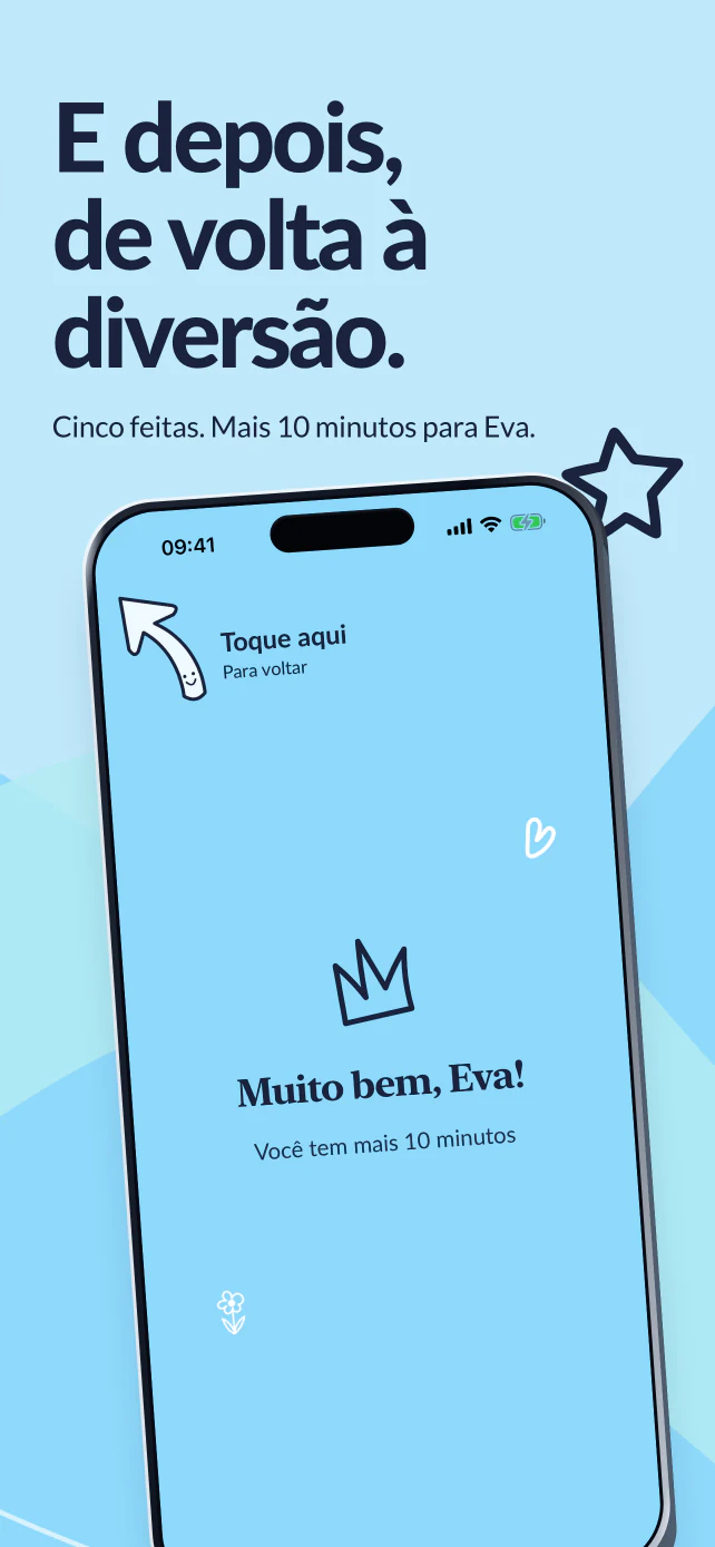 E depois, de volta à diversão. Cinco atividades concluídas. A tela “Muito bem!” confirma mais dez minutos.