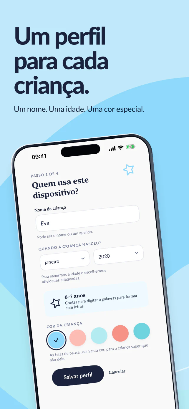 Um perfil para cada criança. O nome de Eva, o mês e o ano de nascimento e a cor dela.