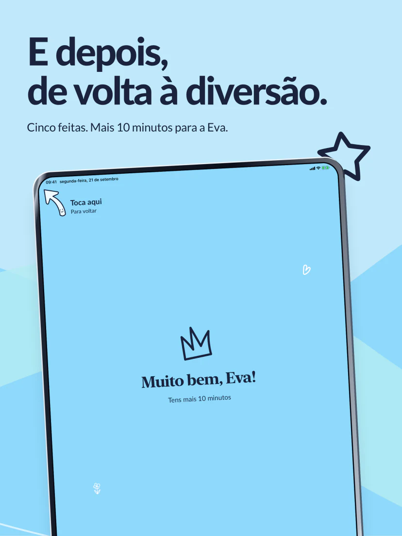 Depois pode continuar. Cinco atividades concluídas. O ecrã «Muito bem» confirma mais dez minutos disponíveis.