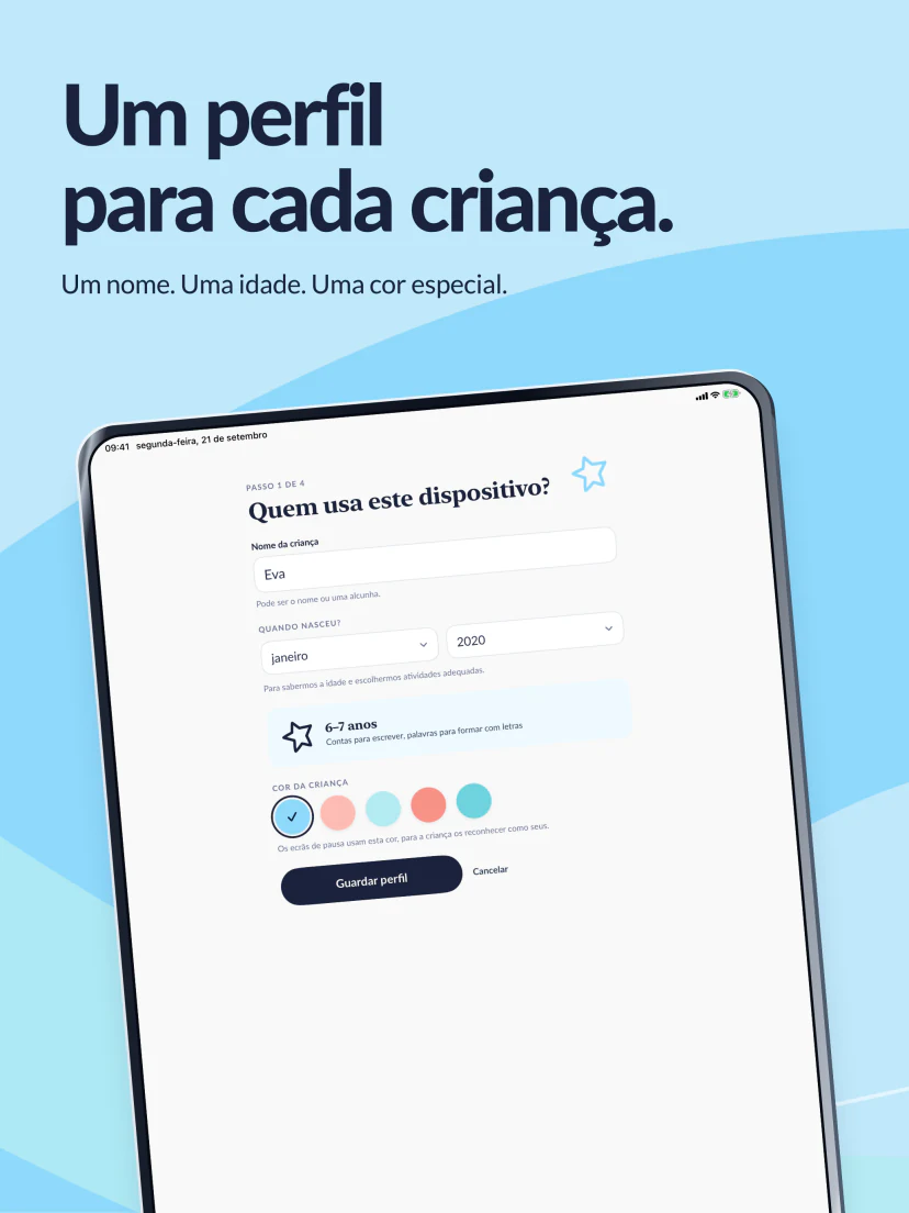 Começa com o seu próprio perfil. O nome da Eva, o mês e ano de nascimento e a sua cor.