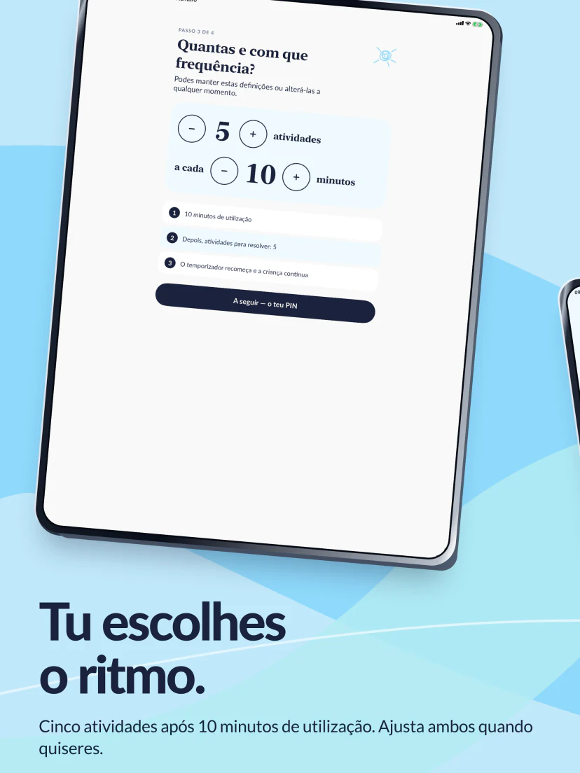 Tu escolhes o ritmo. Cinco atividades após dez minutos de utilização das apps, com definições para alterar ambos os valores.