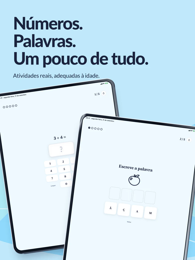 Números, palavras e um pouco de tudo. Atividades reais de cálculo e letras para formar uma palavra em português.