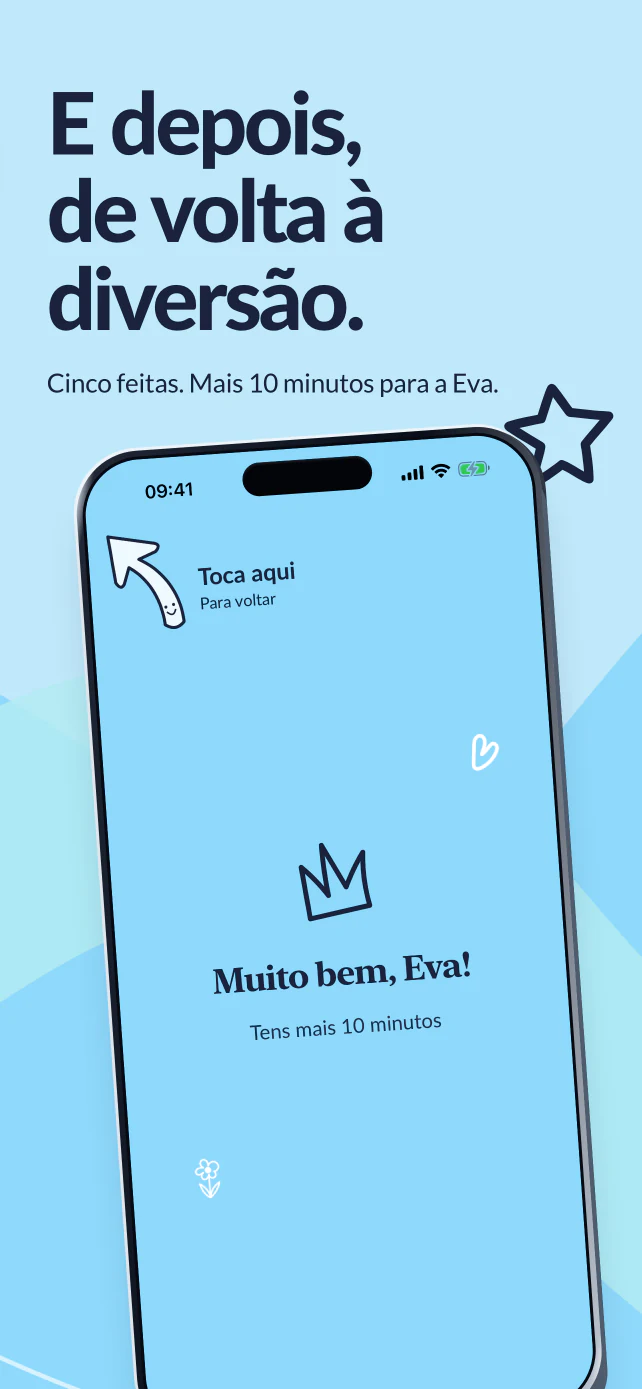 Depois pode continuar. Cinco atividades concluídas. O ecrã «Muito bem» confirma mais dez minutos disponíveis.