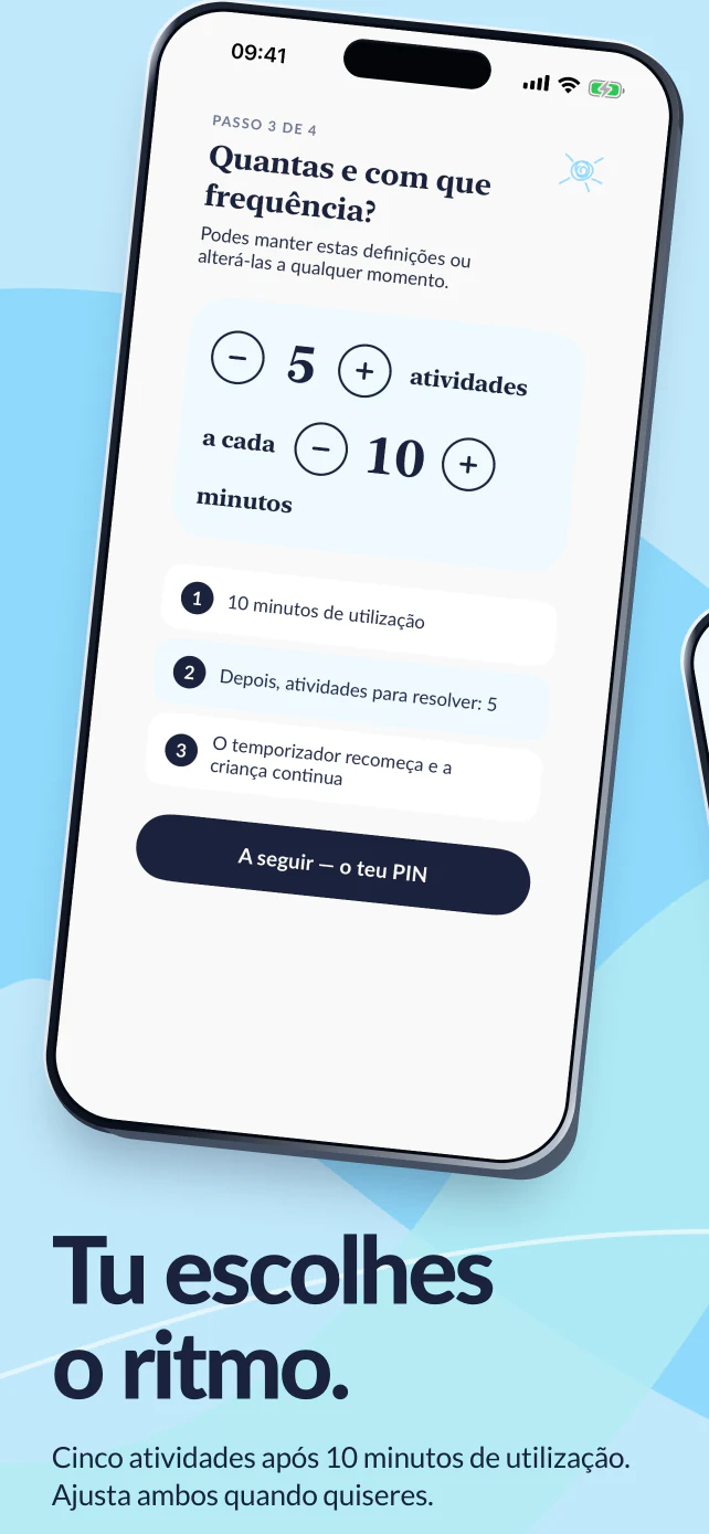 Tu escolhes o ritmo. Cinco atividades após dez minutos de utilização das apps, com definições para alterar ambos os valores.