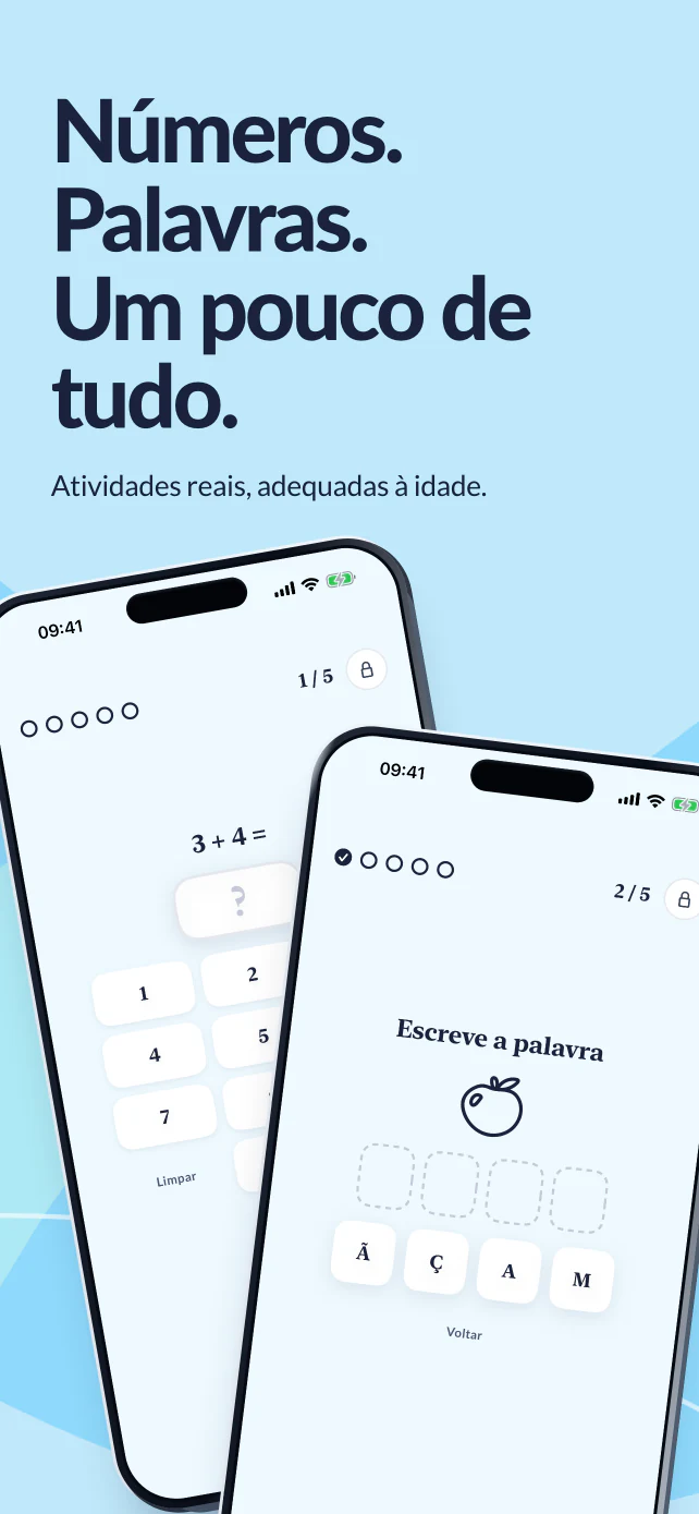 Números, palavras e um pouco de tudo. Atividades reais de cálculo e letras para formar uma palavra em português.