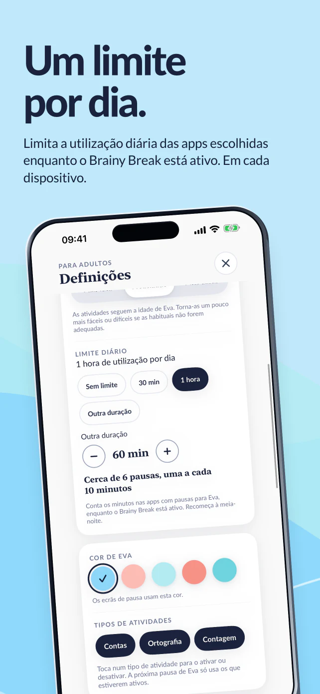 Um limite diário. Uma hora para as apps escolhidas enquanto Brainy Break está ativo. O limite é aplicado separadamente em cada dispositivo.