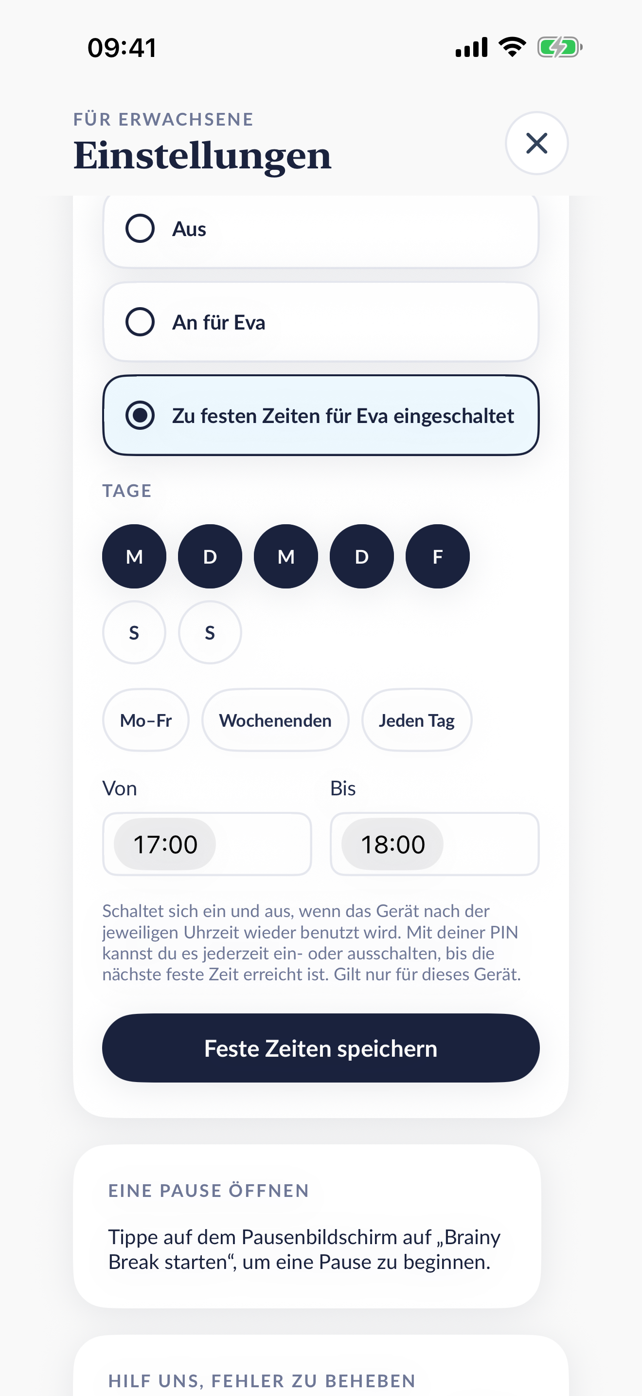 Die deutschen Zeitplan-Einstellungen von Brainy Break: Montag bis Freitag, 17:00 bis 18:00 Uhr.