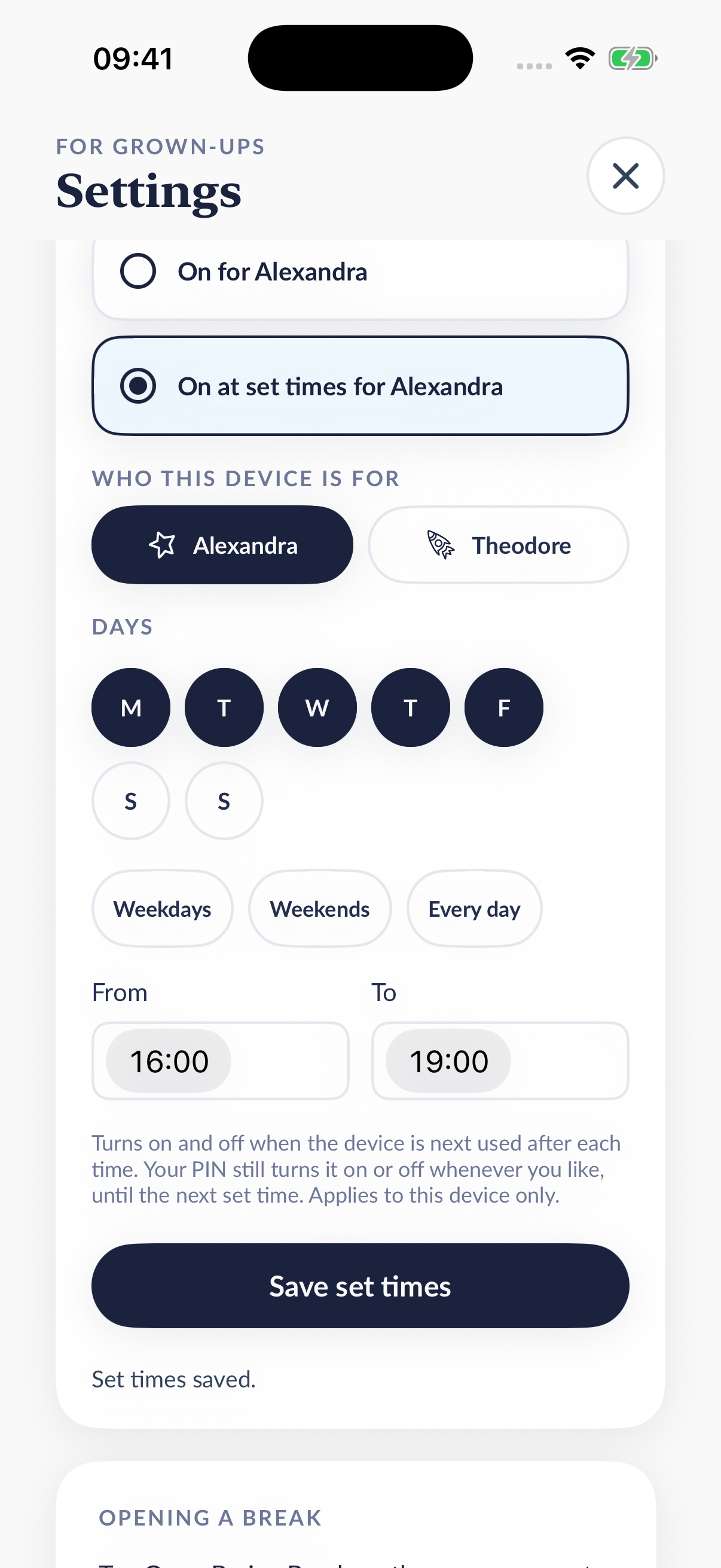 Brainy Break’s schedule settings, with Monday to Friday selected and times set from 16:00 to 19:00.
